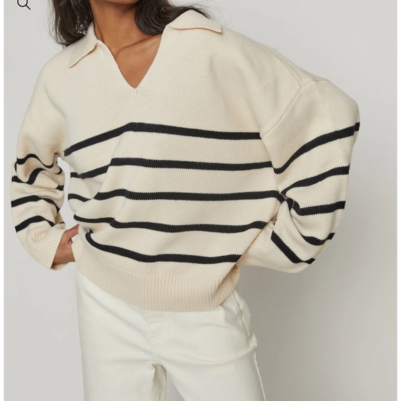 Oak & Fort Cream and Black Striped Sweater Womens Large - Picture 7 of 7